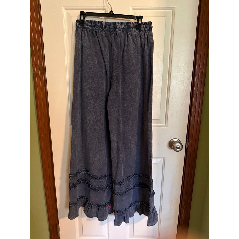 Mittoshop Womens Blue Ruffle Hem Wide Leg Cotton Pants Medium NWT - Picture 3 of 7